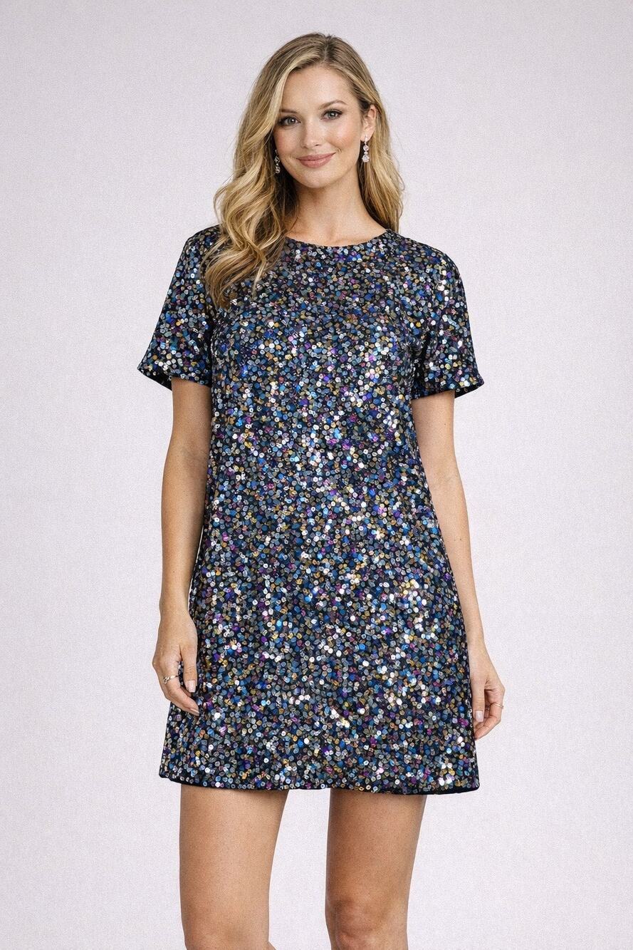 Multicolor Sequin Shift Dress Large Short Sleeve Party Cocktail Holiday Glam